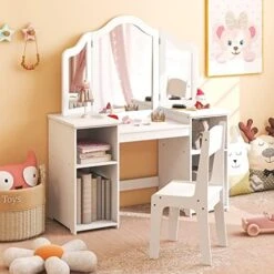 Costzon Kids Vanity, 2 In 1 Princess Makeup Desk Dressing Table With Detachable Top, Toddler Vanity With Tri-fold Mirror & Storage Shelves, Pretend Play Vanity For Little Girls, White -Safavieh Furniture 51dZmcJA08L. AC