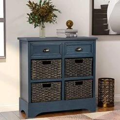 Storage Chest Retro Style Storage Cabinet Storage Unit With 2 Wood Drawers And 4 Wicker Baskets For Home Kitchen Entryway Living Room (Antique Navy)