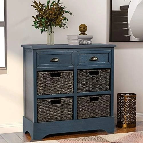 Storage Chest Retro Style Storage Cabinet Storage Unit With 2 Wood Drawers And 4 Wicker Baskets For Home Kitchen Entryway Living Room (Antique Navy) 5 Storage Chest Retro Style Storage Cabinet Storage Unit With 2 Wood Drawers And 4 Wicker Baskets For Home Kitchen Entryway Living Room (Antique Navy) - Image 5