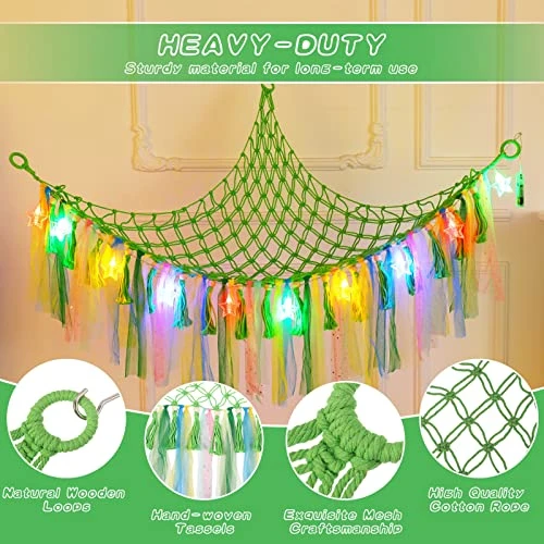 QUEEN KING Large Stuffed Animal Net Or Hammock With LED Light, Boho Hanging Stuff Animals Storage Organizer With Tassels Wall Corner Animal Hammock Holder Organizer Toy Hammock(Green) 4 QUEEN KING Large Stuffed Animal Net Or Hammock With LED Light, Boho Hanging Stuff Animals Storage Organizer With Tassels Wall Corner Animal Hammock Holder Organizer Toy Hammock(Green) - Image 4