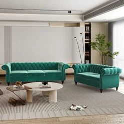 MIYZEAL 2 Pieces Living Room Sectional Sofa Set, Modern Velvet Button Tufted Chesterfield Sofa With Rolled Arm, Classic Upholstered Low Back Loveseat 3 Seater Couch For Living Room (Gray) -Safavieh Furniture 51dlSAjbjTL. AC