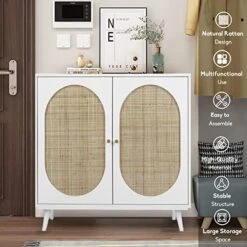 Pvillez Modern Storage Cabinet With Natural Rattan Doors, Sideboard Buffet Cabinet With Storage, Adjustable Shelves, Rattan Cabinet Console Table For Living Room, Dining Room, Entryway, White -Safavieh Furniture 51e5BvFhX1L
