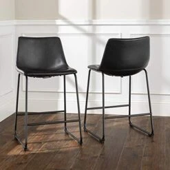 Walker Edison Douglas Urban Industrial Faux Leather Armless Counter Chairs, Set Of 2, Black