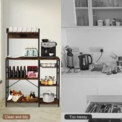 Kinlife Bakers Rack With Power Outlet - Microwave Stand Kitchen Storage Rack With 6 Hooks, Coffee Bar With Wire Basket, Rustic Brown -Safavieh Furniture 51eCGazON6L