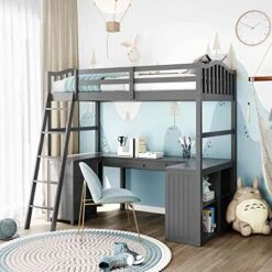 Cotoala Twin Size Loft Bed With Desk And Drawers For Kids, Bedroom, Boys, Girls, Teens, Wooden Loftbed Frames W/Shelves & Cabinet, No Box Spring Need, Grey