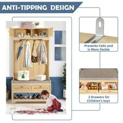 FUQARHY Hall Tree With Shoe Storage Bench, Rattan Entryway Bench With Coat Rack With 4 Hooks & Drawers, 5-in-1 Hall Tree With Bench And Shoe Storage For Hallway Mudroom Bedroom(Natural) -Safavieh Furniture 51eOQAtBxqL
