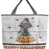 Beach Bags Women Mesh Tote Bag Happy Halloween Cat With Magic Hat Toy Grocery Pool Bag With Pockets For Travel/Picnic