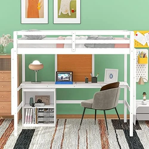 CITYLIGHT Twin Loft Bed With Stairs And Desk, Wooden Loft Bed Twin With Storage Shelves And Blackboard,Multi-Function Twin Size Loft Bed Frame For Kids Teens, White 11 CITYLIGHT Twin Loft Bed With Stairs And Desk, Wooden Loft Bed Twin With Storage Shelves And Blackboard,Multi-Function Twin Size Loft Bed Frame For Kids Teens, White - Image 11