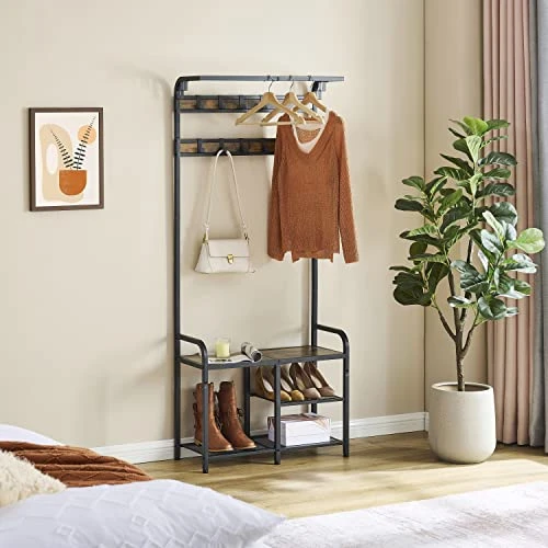 Tajsoon Coat Rack, Hall Tree With Bench And Shoe Storage, Coat Rack Shoe Bench, 3-in-1 Shoe Rack And Coat Rack For Entryway, 11.24 X 28.35 X 66.34 Inches, Metal, Rustic Brown And Black 4 Tajsoon Coat Rack, Hall Tree With Bench And Shoe Storage, Coat Rack Shoe Bench, 3-in-1 Shoe Rack And Coat Rack For Entryway, 11.24 X 28.35 X 66.34 Inches, Metal, Rustic Brown And Black - Image 4