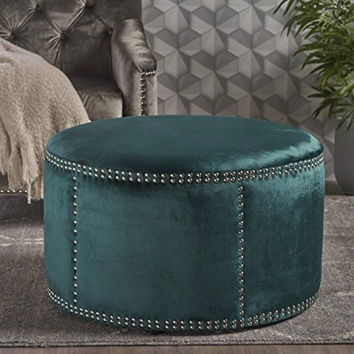 Christopher Knight Home Jaewon Studded Velvet Ottoman, Teal / Black 3 Christopher Knight Home Jaewon Studded Velvet Ottoman, Teal / Black - Image 3