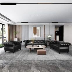 RARZOE 3 Pieces Living Room Furniture Sofa Sets,Modern Faux Leather Chesterfield Sofa&Chesterfield Club Chair&Chesterfield Loveseat Sofas Set With Nailhead Trim Scroll Arms For Living Room,Burgundy -Safavieh Furniture 51elkNAHbL. AC