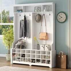 Hall Tree With Bench And Shoe Storage, Modern Hallway Coat Rack With Black Metal Hooks, Multifunctional Entryway Bench Hall Tree With Ample Storage Space For Living Room Hallway Bedroom, White