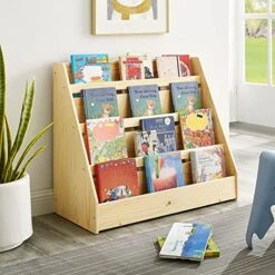 MUSHOMEINC Pinewood Single-Sided Bookcase Display Stand For Kids, Kids Storage Bookshelf With 4 Shelves, Book Display Rack For Kids, Natural