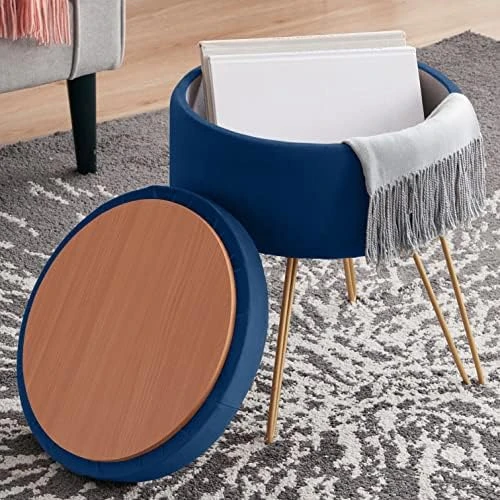 Ornavo Home Modern Round Velvet Storage Ottoman Foot Rest Vanity Stool/Seat With Gold Metal Legs & Tray Top Coffee Table - Blush 7 Ornavo Home Modern Round Velvet Storage Ottoman Foot Rest Vanity Stool/Seat With Gold Metal Legs & Tray Top Coffee Table - Blush - Image 7