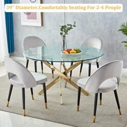 Pvillez 39" Round Glass Dining Table, Modern Circle Dining Room Table With Clear Tempered Glass Top & Gold Chrome Legs For 2 Or 4 Person Contemporary Home Office Kitchen Dining Room Table Furniture