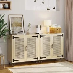 VINGLI 2 Door Accent Cabinet Set Of 2 Rattan Buffet Cabinet Boho Sideboard Wicker Credenzas For Living Room,31.2"(W) X15.7(D) X30(H),Oak -Safavieh Furniture 51f8Db H1cL. AC