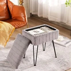 CUYOCA Vanity Stool Ottoman With Storage Bench, Faux Fur Stool For Vanity With Metal Legs, Makeup Chair Vanity Stool For Bedroom Living Room, White -Safavieh Furniture 51fDfwSUDcL. AC