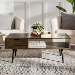 Walker Edison Montclair Mid Century Modern Two Toned 1 Drawer Coffee Table, 42 Inch, Glass And Dark Walnut & Theo Mid Century Modern 2 Door Asymmetrical Glass Shelf Buffet, 44 Inch, Dark Walnut -Safavieh Furniture 51fGh2VwcrS