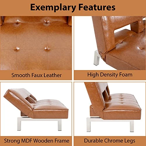 Astrid Futon Sofa Bed Faux Leather Futon Couch Modern Convertible Folding Sofa/Bed Couch With Chrome Legs Reclining Mini Coach Leather Futons Small Couch For Bedroom Living Rooms, Office - Caramel 5 Astrid Futon Sofa Bed Faux Leather Futon Couch Modern Convertible Folding Sofa/Bed Couch With Chrome Legs Reclining Mini Coach Leather Futons Small Couch For Bedroom Living Rooms, Office - Caramel - Image 5
