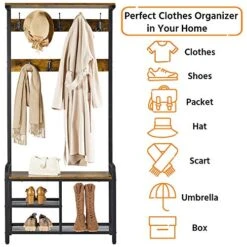 Topeakmart Hall Tree With Storage Bench, Vintage Coat Rack With Top Shelf &23 Hooks, For Hallway Living Room Bedroom, Metal Frame, Rustic Brown -Safavieh Furniture 51fT0N3yLuL