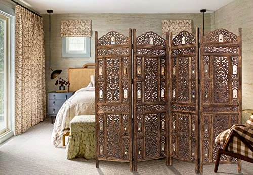Oom Divider Wood Screen - Ghanti Bells Antique Brown - 4 Panel Folding 72 X 80 - Assembled Hand Carved Decorative Functional Versatile Portable Partition Reversible Privacy Boho - COTTON CRAFT 3 Oom Divider Wood Screen - Ghanti Bells Antique Brown - 4 Panel Folding 72 X 80 - Assembled Hand Carved Decorative Functional Versatile Portable Partition Reversible Privacy Boho - COTTON CRAFT - Image 3