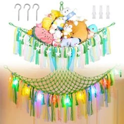 QUEEN KING Large Stuffed Animal Net Or Hammock With LED Light, Boho Hanging Stuff Animals Storage Organizer With Tassels Wall Corner Animal Hammock Holder Organizer Toy Hammock(Green)