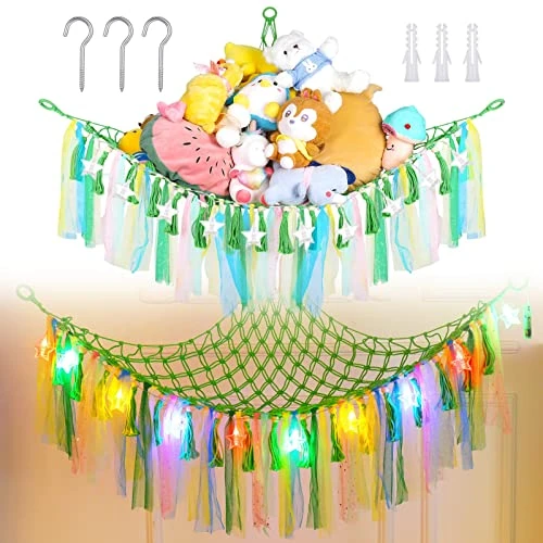 QUEEN KING Large Stuffed Animal Net Or Hammock With LED Light, Boho Hanging Stuff Animals Storage Organizer With Tassels Wall Corner Animal Hammock Holder Organizer Toy Hammock(Green) 1 QUEEN KING Large Stuffed Animal Net Or Hammock With LED Light, Boho Hanging Stuff Animals Storage Organizer With Tassels Wall Corner Animal Hammock Holder Organizer Toy Hammock(Green)