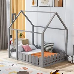 Full Size House Bed With Fence,Wood Toddler Floor Bed Frame With Roof For Kids, Teens, Girls, Boys,Easy Assembly,Grey -Safavieh Furniture 51fgiY4BMmL