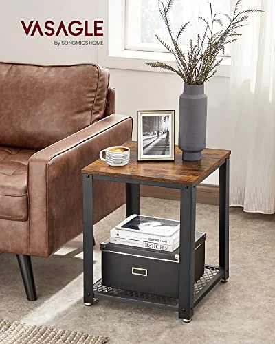 VASAGLE Side Table, 2-Tier Nightstand, End Table With Mesh Shelf, Steel Frame, Adjustable Feet, For Living Room, Bedroom, Industrial Style, Rustic Brown And Black ULET41X 2 VASAGLE Side Table, 2-Tier Nightstand, End Table With Mesh Shelf, Steel Frame, Adjustable Feet, For Living Room, Bedroom, Industrial Style, Rustic Brown And Black ULET41X - Image 2