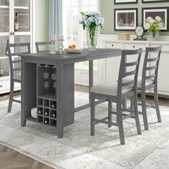 LUMISOL 5-Piece Counter Height Dining Table Set, Farmhouse Kitchen Table Set With Wine Rack And Wineglass Holders For Small Space (Gray, 5 Piece)