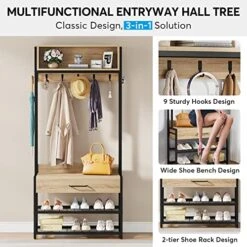 Tribesigns 3-in-1 Entryway Hall Tree With Drawer, Vintage Industrial Coat Rack With Shoe Bench And Hutch, Mudroom Bench With Shoe Storage Rack And 9 Hooks For Living Room Bedroom (Oak) -Safavieh Furniture 51fpLpDDFVL