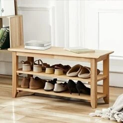 Dewfig Shoe Rack Bench, 3-Tier Shoe Shelf Organizer,10-Pairs Entryway Storage Bench For Hallway, Bedroom, Living Room, Bedroom, Hold Up To 550 Lbs, Solid Wood, Natural -Safavieh Furniture 51ft Bl2L9L. AC