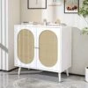 Pvillez Modern Storage Cabinet With Natural Rattan Doors, Sideboard Buffet Cabinet With Storage, Adjustable Shelves, Rattan Cabinet Console Table For Living Room, Dining Room, Entryway, White