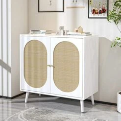 Pvillez Modern Storage Cabinet With Natural Rattan Doors, Sideboard Buffet Cabinet With Storage, Adjustable Shelves, Rattan Cabinet Console Table For Living Room, Dining Room, Entryway, White