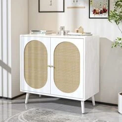 Pvillez Modern Storage Cabinet With Natural Rattan Doors, Sideboard Buffet Cabinet With Storage, Adjustable Shelves, Rattan Cabinet Console Table For Living Room, Dining Room, Entryway, White -Safavieh Furniture 51fvCguMoTL. AC