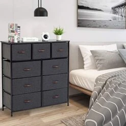 WAYTRIM Dresser For Bedroom With 9 Drawers, Tall Fabric Dresser, Wide Chest Of Drawers For Closet, Clothes, Kids, Baby, Living Room, Wood Board, Fabric Drawers (Dark Indigo)