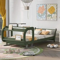Twin Bed Frame Wood Airplane Design Platform Beds With Storage Shelves And Rotatable Propeller, Fun Kids Bed With Headboard And Footboard For Boys Girls, Twin Size, Green -Safavieh Furniture 51fxpwhPivL