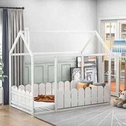Designs Bed For Kids ,House Bed With Fence-Shaped Guardrails , Floor Twin Size Bed For Kids, Teens, Girls, Boys, Weight Capacity No Limit (Full,White) -Safavieh Furniture 51g22xKS99S. AC
