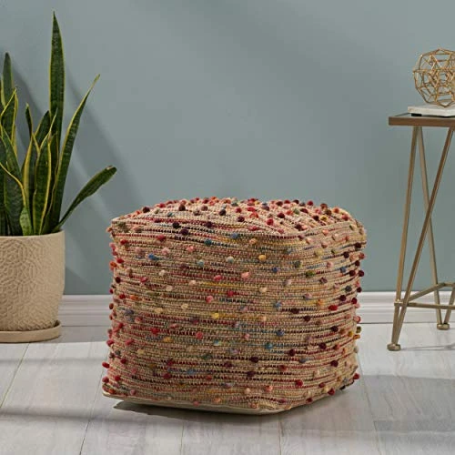Great Deal Furniture Hellen Boho Jute And Cotton Pouf, Multicolor 1 Great Deal Furniture Hellen Boho Jute And Cotton Pouf, Multicolor