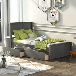 MERITLINE Twin Bed Frames With Headboard, Wood Twin Bed With Storage Drawers Under Bed, Twin Size Platform Bed For Boys And Girls, Grey