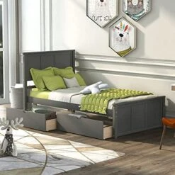 MERITLINE Twin Bed Frames With Headboard, Wood Twin Bed With Storage Drawers Under Bed, Twin Size Platform Bed For Boys And Girls, Grey -Safavieh Furniture 51gFcqjyHSL. AC