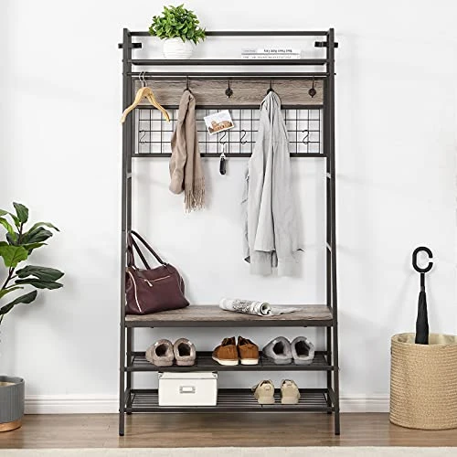 O&K FURNITURE Entryway Hall Tree Coat Rack, 5 In 1 Hall Tree With 3-Tier Storage Bench, Multifunctional Entry Organizer With 11 Hooks For Mudroom, Hallway, Foyer-Gray Finish 2 O&K FURNITURE Entryway Hall Tree Coat Rack, 5 In 1 Hall Tree With 3-Tier Storage Bench, Multifunctional Entry Organizer With 11 Hooks For Mudroom, Hallway, Foyer-Gray Finish - Image 2