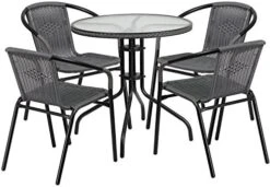 Flash Furniture Lila 28'' Square Glass Metal Table With Dark Brown Rattan Edging And 2 Dark Brown Rattan Stack Chairs -Safavieh Furniture 51gNT7inEOL. AC
