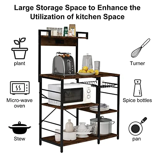 Kinbor Bakers Rack With Power Outlet - Microwave Stand, Coffee Bar, Kitchen Storage Shelves W/Wire Basket, 6 S-Hooks For Spice, Pots And Pans Organizer, Rustic Brown And Black 6 Kinbor Bakers Rack With Power Outlet - Microwave Stand, Coffee Bar, Kitchen Storage Shelves W/Wire Basket, 6 S-Hooks For Spice, Pots And Pans Organizer, Rustic Brown And Black - Image 6