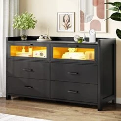 Black 6 Drawer Dresser With LED Lights, Chest Of Drawers, Wide Dresser With Visual Drawer, Modern Large Capacity Storage Cabinet, Wood Dresser For Bedroom, Closet, Living Room