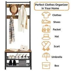 Yaheetech Metal Hall Tree With Shoe Storage Bench Entryway Coat Rack With 2 Shoe Shelves & 9 Movable Hooks, Rustic Brown -Safavieh Furniture 51gWEHOX0HL