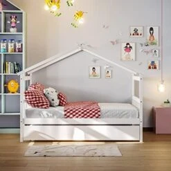 SOFTSEA Twin House Bed With Trundle Twin Platform Bed Frame With Roof For Boys And Girls -Safavieh Furniture 51ggkK00lwL. AC