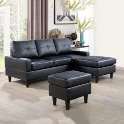 A Ainehome Convertible Sectional Sofa Couch, L Shaped Couch And Ottoman With Faux Leather Fabric Small Sectional Sofa Set For Living Room, Apartment(A-Black) -Safavieh Furniture 51giCfZBgpL. AC