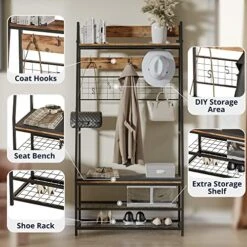 Cozy Castle Hall Tree With Shoe Bench For Entryway, 5-in-1 Design Coat Rack With Shoe Storage And DIY Hooks, Industrial Accent Clothes Rack With Metal Frame, Cushion Included, Rustic Brown -Safavieh Furniture 51giOATIttL