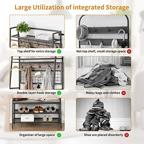 O&K FURNITURE Entryway Hall Tree Coat Rack, 5 In 1 Hall Tree With 3-Tier Storage Bench, Multifunctional Entry Organizer With 11 Hooks For Mudroom, Hallway, Foyer-Gray Finish 4 O&K FURNITURE Entryway Hall Tree Coat Rack, 5 In 1 Hall Tree With 3-Tier Storage Bench, Multifunctional Entry Organizer With 11 Hooks For Mudroom, Hallway, Foyer-Gray Finish - Image 4